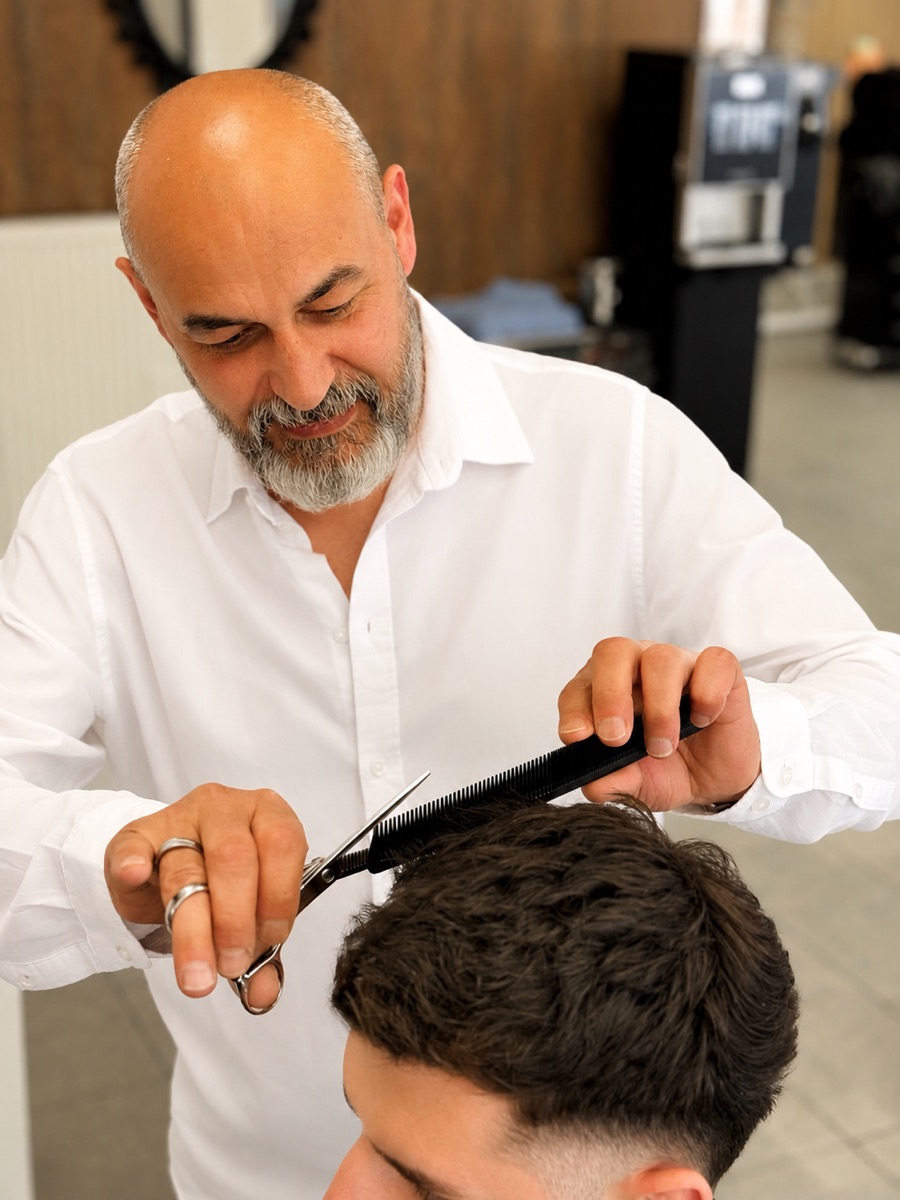 Friseurmeister Yasar Soylu beim Haareschneiden im Salon Yars-Coiffeur