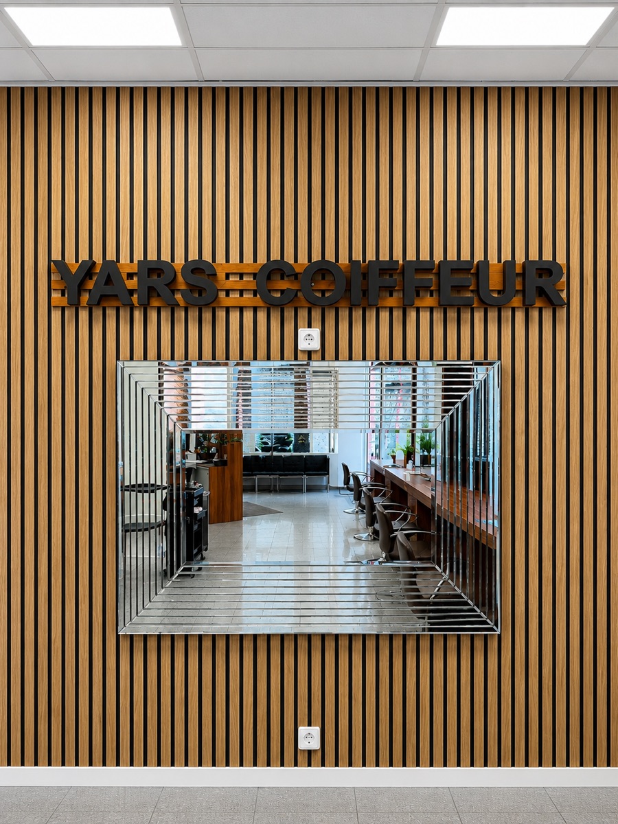 Yars-Coiffeur Logo an der Salonwand